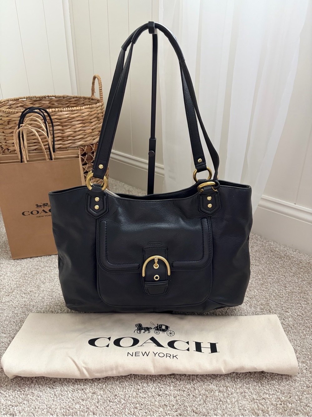 Coach Campbell Belle Carryall Black Leather Shoulder Bag with Gold Hardware